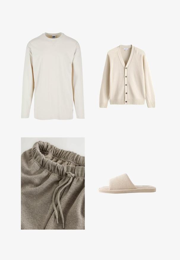 Flødefarvet strikket cardigan med lange ærmer, V-udskæring, fem brune knapper ned foran samt ribstrikkede kanter og ærmeafslutninger.; Langærmet cremegul t-shirt lavet af blød bomuld, med rund halsudskæring og sideslids for ekstra komfort. Minimalistisk design, ensfarvet tekstur.; Grå bomulds joggingbukser med elastisk talje og rynket tekstur samt snøre til justering. Glat, blødt stof.; Beige blød tekstil åben tå slide tøfler med tyk sål og bred rem over toppen til indendørs brug.