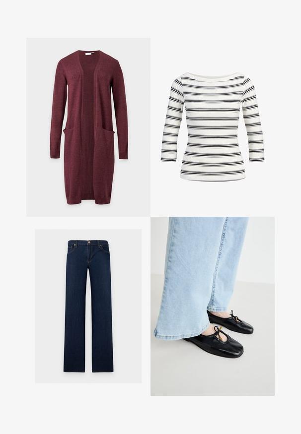 Langærmet åben front burgunder cardigan med to forlommer og ribstrikkede manchetter og kant, vist på en ensfarvet baggrund.; Hvid ribstrikket top med sorte horisontale striber, trekvartærmer og bådudskæring.; Mørkeblå straight-leg denim jeans med fem lommer og knaplukning i taljen.; Sorte læder balletflade med rund tå, der har udskæringer og sløjfekvaster, båret med lyseblå viddejeans.