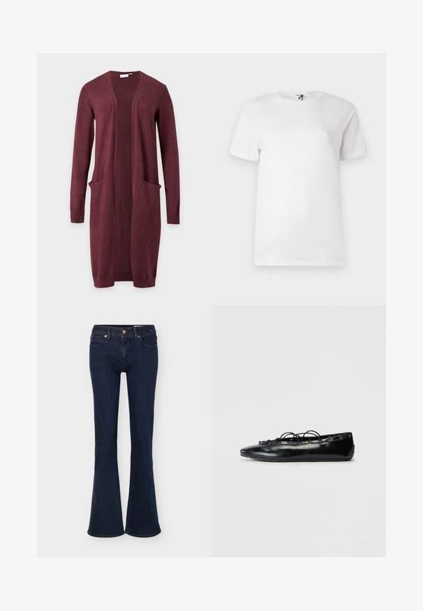 Cardigan bordeaux à manches longues, ouvert devant, avec deux poches avant et des poignets et un ourlet côtelés, présenté sur un fond uni.; T-shirt blanc uni en coton avec manches courtes, col rond, petit logo discret près de la poitrine et étiquette au niveau du col.; Jean en denim bleu foncé avec taille haute, fermeture par bouton et zip, poches avant et jambes évasées.; Bottine plate noire à bout pointu avec un laçage à l'avant et des œillets le long des bords, présentée sur un fond blanc.