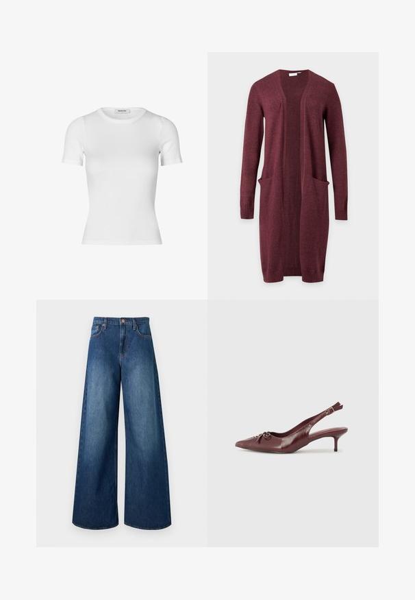 Cardigan bordeaux à manches longues, ouvert devant, avec deux poches avant et des poignets et un ourlet côtelés, présenté sur un fond uni.; T-shirt blanc à manches courtes en tissu côtelé. Comprend un col rond et une silhouette ajustée. Texture lisse sans motifs.; Jean en denim bleu foncé taille haute, jambes larges, cinq poches, passants pour ceinture et fermeture par bouton en cuivre.; Talons slingback en cuir bordeaux avec un embout pointu, une sangle ajustable et un détail de nœud décoratif à l'avant. Hauteur du talon de 7,5 cm.