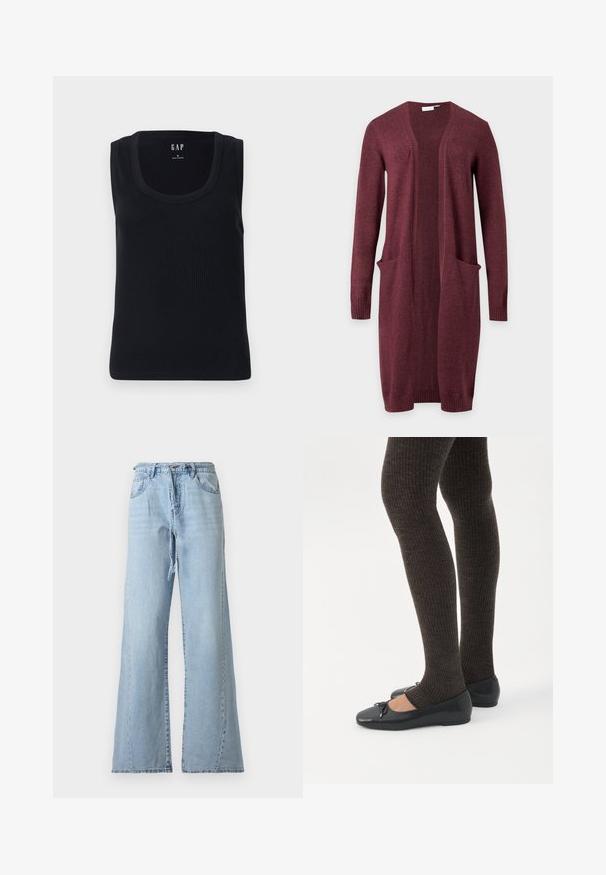 Langærmet åben front burgunder cardigan med to forlommer og ribstrikkede manchetter og kant, vist på en ensfarvet baggrund.; Sort ribbet tanktop med rund halsudskæring, ærmeløs design og tætsiddende silhuet. Mærket er vist i den øverste midte.; Lyseblå, højttaljede denimjeans med vide ben, forlommer, bæltestropper, lynlås og matchende denimbælte.; Ben iført mørke ribbede leggings kombineret med sorte balletsko med små sløjfedetaljer på hvid baggrund.