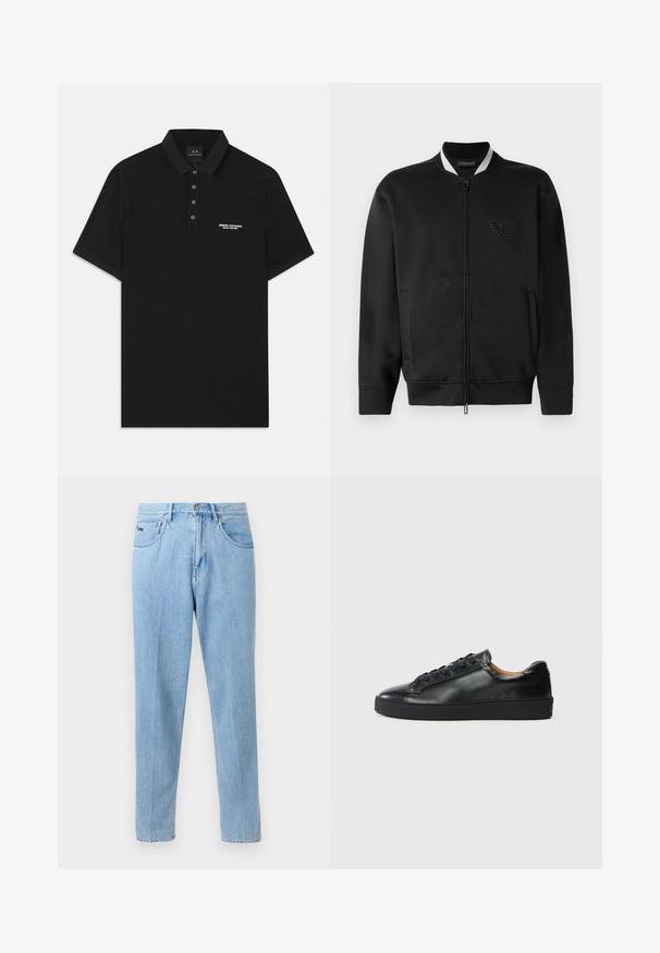 Chaqueta bomber negra con cierre frontal de cremallera, cuello acanalado y logo bordado. Presenta dos bolsillos laterales y una textura de tela suave.; Camiseta polo negra de algodón, con un cuello estándar, una tapeta de tres botones y un pequeño logotipo blanco de "Armani Exchange" a la izquierda.; Vaqueros de mezclilla azul claro de pierna recta con bolsillos delanteros, trabillas para cinturón y cierre de botón sobre un fondo neutro.; Zapatilla negra de cuero con una textura suave, puntera redonda y cierre de cordones. Presenta una suela de goma gruesa y un detalle de marca mínimo.