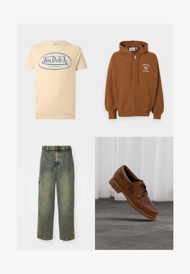 Sweat à capuche marron zippé avec poches frontales, capuche à cordon de serrage, et texte blanc "Carhartt Wip Eightynine" sur la poitrine gauche.; T-shirt beige manches courtes col rond avec logo bleu "Von Dutch California" imprimé sur le devant.; Jeans en denim ample avec un délavage bleu et vert. Comprend une fermeture à bouton, des passants de ceinture et des poches latérales. Pas de pli à l'avant et design à jambe droite.; Chaussure de bateau en cuir marron avec des lacets noirs, des coutures beiges et une semelle robuste, suspendue au-dessus d'un sol en béton gris.