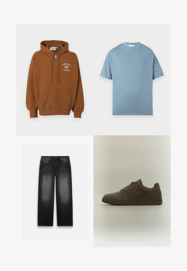 Hnedá mikina na zips s prednými vreckami, kapucňou na šnúrku a bielym textom „Carhartt Wip Eightynine“ na ľavej strane hrudníka.; Modrá tričko s krátkym rukávom a klasickým strihom, zobrazené vodorovne na bielom pozadí.; Čierne džíny z denimu s širokým strihom. Obsahujú päť vreciek, jemné blednutie a pevné švy. Zapínanie na gombík a zips.; Hnedá kožená teniska s nízkym strihom, plochými šnúrkami a textúrovanou podrážkou. Má jemné perforácie a elegantný, minimalistický vzhľad.