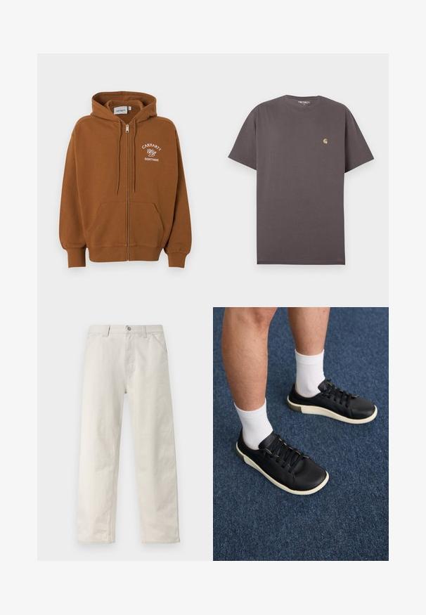 Sudadera marrón con cremallera, bolsillos delanteros, capucha con cordón y texto blanco "Carhartt Wip Eightynine" en el pecho izquierdo.; Camiseta lisa de manga corta y cuello redondo en marrón oscuro con pequeño logo beige de Carhartt en el pecho izquierdo, talla grande.; Pantalones de pierna recta en beige claro con sutiles rayas verticales, cierre frontal con botones, presillas para cinturón y bolsillos laterales.; Zapatilla negra de cuero liso, con una suela blanca, seis ojales con cordones negros y un sutil acento beige en el talón.