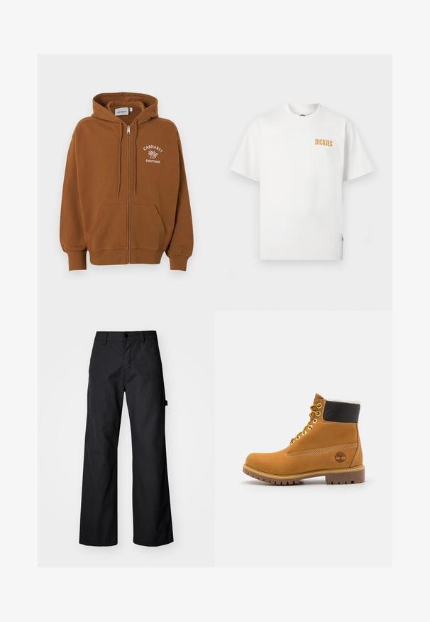 Brauner Kapuzenpullover mit Reißverschluss, Fronttaschen, Kapuze mit Kordelzug und weißem Text "Carhartt Wip Eightynine" auf der linken Brust.; Weißes T-Shirt mit kurzen Ärmeln und Rundhalsausschnitt, mit kleinem orangefarbenem "DICKIES"-Logo auf der oberen linken Brustseite.; Schwarze, weite Hosen aus robustem Stoff. Verfügt über einen Knopfverschluss und Seitentaschen. Glatte Textur mit einem schlichten Design.; Braune Leder-Ankle-Boots mit Metallösen, weißem Kunstfellfutter, schwarzem gepolstertem Kragen, robustem Sohlenprofil und geprägtem Logo an der Seite.