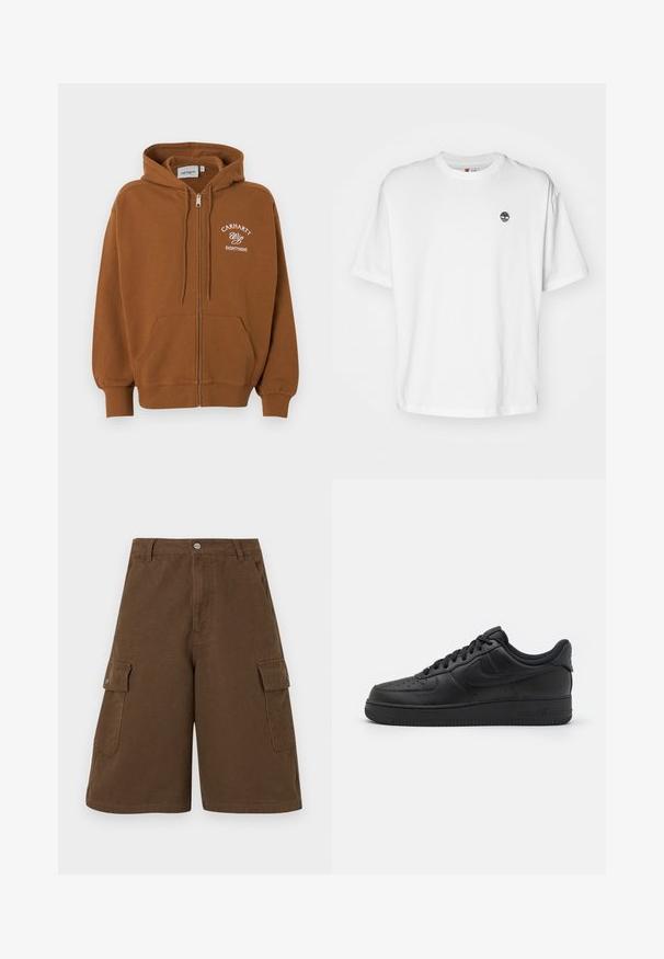 Sweat à capuche marron zippé avec poches frontales, capuche à cordon de serrage, et texte blanc "Carhartt Wip Eightynine" sur la poitrine gauche.; T-shirt en coton blanc avec un col rond, des manches courtes et un petit logo d'arbre noir sur la poitrine gauche. Tissu doux, coupe décontractée.; Shorts en coton marron de coupe droite, avec deux poches latérales et une fermeture à bouton à l'avant. Fabriqués à partir d'un tissu en coton durable avec une finition mate.; Nike Sportswear AIR FORCE 1 07 FLYEASE - Baskets basses - black