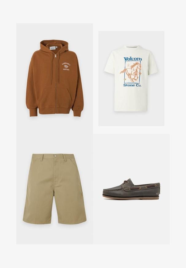 Bruine zip-up hoodie met zakken aan de voorkant, capuchon met trekkoord en witte tekst "Carhartt Wip Eightynine" op de linkerbovenborst.; Witte katoenen T-shirt met een afbeelding van een galopperend paard, blauwe "Volcom" tekst en oranje sterren binnen een rechthoekige omlijning.; Beige korte broek van stof met een gladde textuur, voorzien van een vlakke voorkant, ceintuurlussen en zijzakken; recht gesneden beenontwerp.; Donkerbruin leren bootschoen met een low profile, voorzien van messing oogjes en contrasterende stiksels, platte rubberen zool en een textuurfinish.