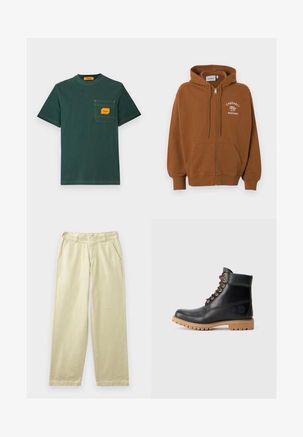 Bruine zip-up hoodie met zakken aan de voorkant, capuchon met trekkoord en witte tekst "Carhartt Wip Eightynine" op de linkerbovenborst.; Groene katoenen T-shirt met ronde hals, korte mouwen en een borstzak met een oranje label. Contrasterend stiksel is zichtbaar.; Beige katoenen broek met een relaxte pasvorm, voorzien van zijzakken, ceintuurlussen en rechte pijpen. Gladde textuur met minimale stikdetails.; Zwarte leren enklaars met bruine veters, gewatteerde groene kraag en een tan rubberen zool met diepe noppen, zijaanzicht op witte achtergrond.