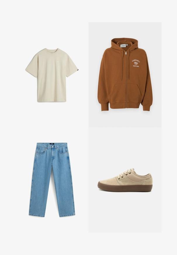 Brun hættetrøje med lynlås, forlommer, snøre i hætten og hvid tekst "Carhartt Wip Eightynine" på venstre bryst.; Beige bomulds T-shirt med korte ærmer, rund halsudskæring og et lille hvidt logo på brystet. Glat tekstur med en afslappet pasform.; Lyseblå denim jeans med lige ben, fem lommer, bæltestropper og lukning med knap og lynlås, vist fladt på hvid baggrund.; Beige lavtopsneaker med overdel i ruskind og stof, brun gummisål og beige snørebånd.