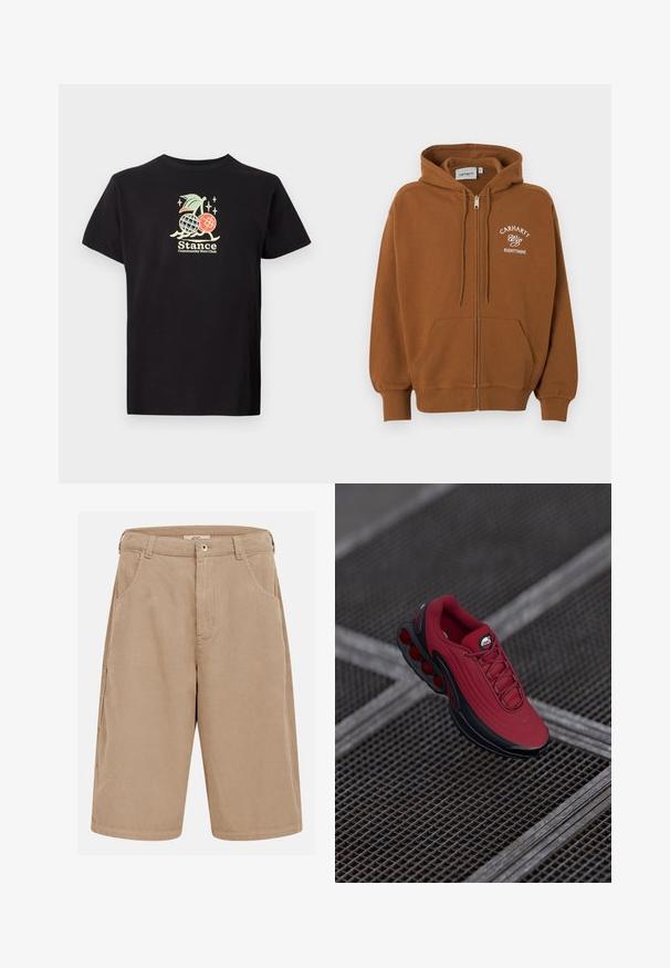 Brun hættetrøje med lynlås, forlommer, snøre i hætten og hvid tekst "Carhartt Wip Eightynine" på venstre bryst.; Sort bomulds t-shirt med et farverigt grafisk print af en ananas og kirsebær, teksten lyder "Stance Community Run Club." Korte ærmer.; Beige kordfløjls knælange shorts med bæltestropper, forlommer og knaplukning.; Rød sneakers med en tekstureret overdel, der har sorte accenter og et fremtrædende design med luftcushioning sål. Snørebånd og logo er synlige ovenpå.