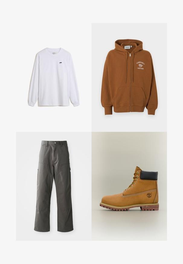Sudadera marrón con cremallera, bolsillos delanteros, capucha con cordón y texto blanco "Carhartt Wip Eightynine" en el pecho izquierdo.; Camiseta de manga larga blanca hecha de algodón, con un pequeño gráfico de patineta negra en el lado izquierdo del pecho y puños acanalados.; Pantalones cargo grises con un diseño de pierna recta, que cuentan con dos bolsillos frontales y bolsillos laterales adicionales para almacenamiento. Fabricados con un tejido duradero.; Bota de tobillo de cuero marrón con cuello negro, cordones amarillos y suela beige. Presenta un logotipo y detalles de costura blanca. Suela exterior con tracción robusta.