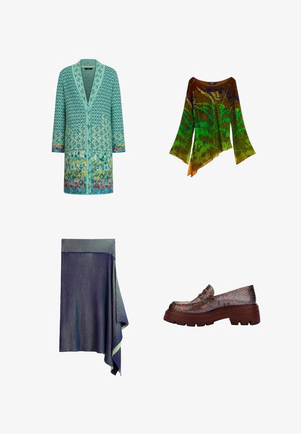 Cárdigan de punto turquesa con patrones geométricos, cuello en V y mangas largas. Cuenta con cierre de botones y acentos coloridos en el dobladillo.; Blusa de manga larga con dobladillo asimétrico en marrón, verde y amarillo con un patrón botánico de helechos.; Falda de punto azul oscuro con rayas verticales blancas muy finas y dobladillo drapeado asimétrico en un lado.; Mocasines de plataforma brillantes con una superficie multicolor y brillante, suela de goma marrón y diseño clásico sin cordones. Acabado de textura suave.
