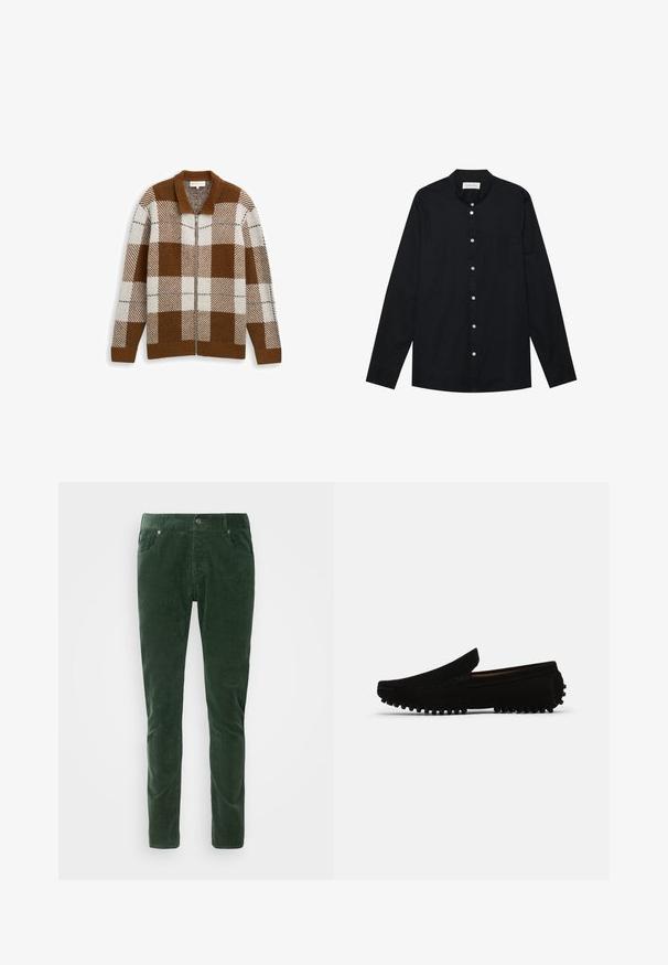 Brun og creme ternet zip-up uldcardigan med ribbede krave, manchetter og kant mod en ensfarvet baggrund.; Sort langærmet skjorte lavet af bomuld med en rund krave, frontknaplukning, enkelt brystlomme og manchetter ved ærmerne.; Grønne kordfløjelbukser med lige pasform. Har fem lommer, metalknaplukning og ribbet tekstur. Maskinvaskbare.; Sorte ruskinds loafers med en let hævet, tekstureret sål og syning langs kanterne, der har et klassisk slip-on design.