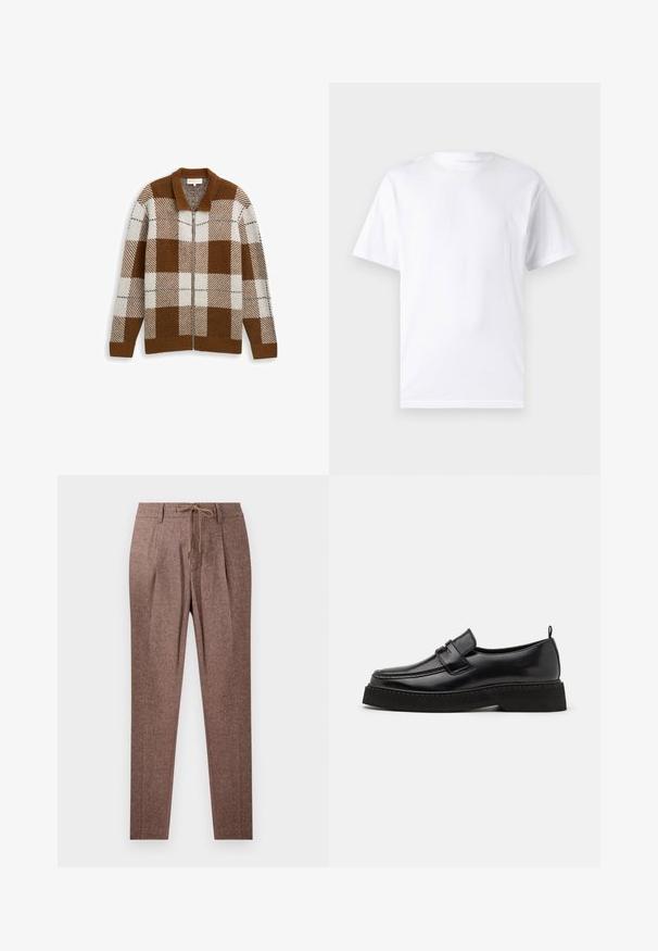 Brun og creme ternet zip-up uldcardigan med ribbede krave, manchetter og kant mod en ensfarvet baggrund.; Hvid kortærmet t-shirt lavet af bomuld med rund hals, der har en glat tekstur og et simpelt design uden mønstre eller accenter.; Brune, strukturerede bukser med et hørmønster, der har en snøre i taljen og to frontfolder. Lige ben-design.; Sorte læder loafersko i stil med flad, tekstureret sål, med en syet tå og en rem over vristen.