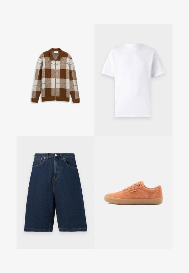 Brun og creme ternet zip-up uldcardigan med ribbede krave, manchetter og kant mod en ensfarvet baggrund.; Hvid kortærmet t-shirt lavet af bomuld med rund hals, der har en glat tekstur og et simpelt design uden mønstre eller accenter.; Mørkeblå denimshorts i løs pasform med to frontlommer og en enkelt baglomme, afsluttet med orange syninger.; Tan ruskinds sneakers med en tekstureret overflade, rund tå og gummisål. Har snørebåndsdesign og syede detaljer på siderne.