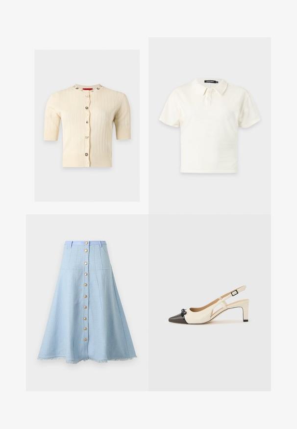 Cardigan crème à manches courtes côtelé avec des boutons décoratifs ornés de bijoux sur le devant et l'encolure.; Polo blanc à manches courtes avec deux boutons et un col, présenté sur un fond clair uni.; Jupe trapèze bleu clair avec boutons dorés sur le devant, ceinture assortie, tissu texturé et ourlet effiloché.; Chaussure à talon haut à lanière arrière crème avec bout pointu noir, détail nœud, et bride réglable avec boucle sur fond clair.
