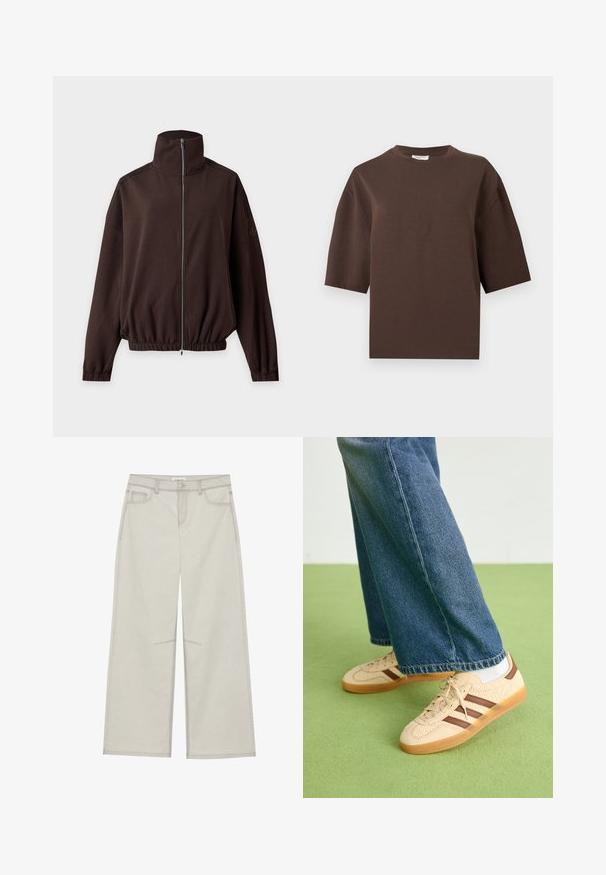 Mørkebrun jakke med lange ærmer, høj krave, lynlås foran, elastiske manchetter og kant, vist på en lys baggrund.; Brun oversized kortærmet bomuld T-shirt med rund halsudskæring, vist på en ensfarvet lys grå baggrund.; Lysegrå bredbenede bukser med fem lommer, frontknaplukning og kontrastsyninger langs sømmen. Stoffet ser blødt og slidstærkt ud.; Beige sneakers med teksturerede cremefarvede paneler og brune striber, parret med blå denim jeans. Jeansene har brede ben og en frynset kant.
