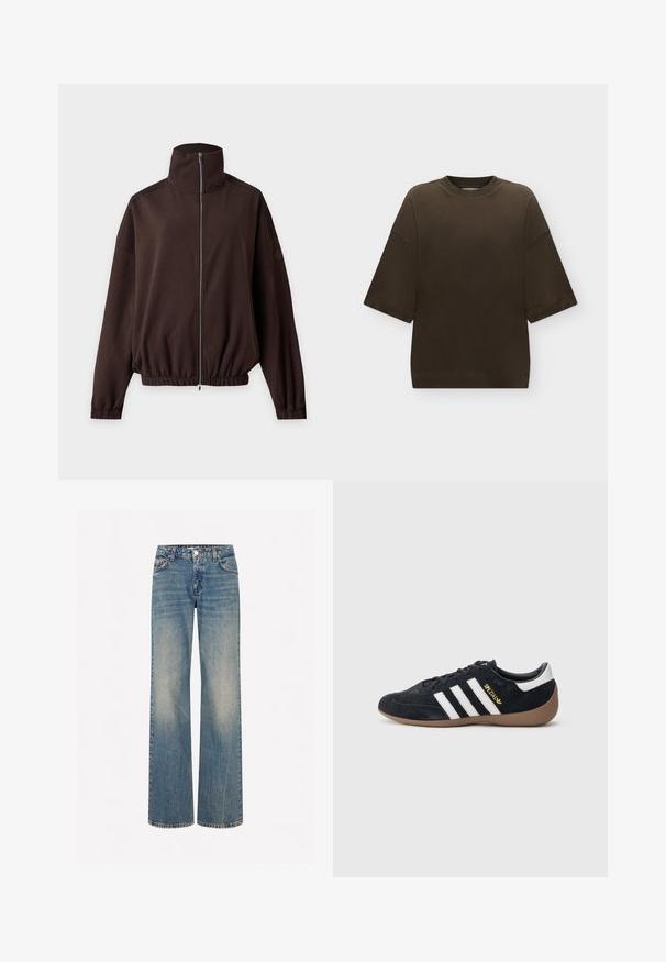 Chaqueta marrón oscuro de manga larga con cuello alto, cremallera frontal, puños y dobladillo elásticos, mostrada sobre un fondo claro.; Camiseta oversize de manga corta de color marrón oscuro con escote redondo, mostrada sobre un fondo claro y liso.; Jeans de mezclilla anchos en un azul claro, con una textura deslavada, cinco bolsillos, cierre de botón y costuras de contraste a lo largo de las costuras.; Zapatilla de ante negra con tres rayas blancas, suela de goma y un pequeño logo dorado en el lateral. Cuenta con un forro interior negro liso.