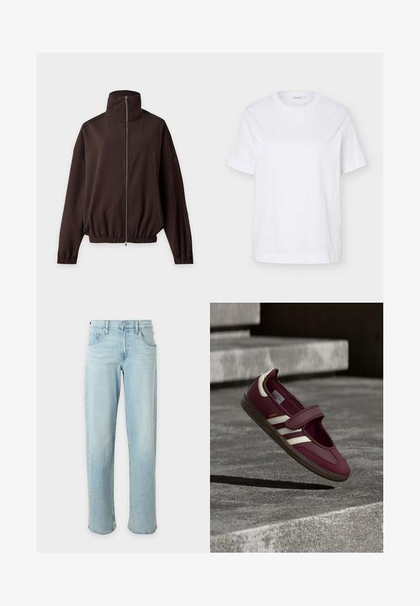 Veste marron foncé à manches longues avec col montant, fermeture éclair à l'avant, poignets et ourlet élastiques, présentée sur un fond clair.; T-shirt blanc à manches courtes col rond avec un subtil motif ondulé cousu et une petite étiquette beige à l’intérieur du col.; Jean bleu clair à jambes droites avec poches avant et ceinture boutonnée sur fond blanc uni.; Chaussure de sport bordeaux avec une bride, des bandes blanches sur les côtés, une semelle en caoutchouc texturée et une tige en matériau lisse. Ajustement réglable avec intérieur rembourré.