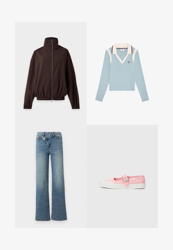 Chaqueta marrón oscuro de manga larga con cuello alto, cremallera frontal, puños y dobladillo elásticos, mostrada sobre un fondo claro.; Polo de manga larga azul claro con escote en forma de V, acentos crema en el cuello y los hombros, borde burdeos en el cuello y un pequeño logo en el pecho.; Vaqueros de mezclilla azul claro de pierna ancha con cintura alta, decoloración ligera y cierre de botón en la parte delantera. Cuenta con cinco bolsillos y costuras mínimas.; Zapatilla de lona rosa con suela plana, que presenta una correa y hebilla en la parte media del pie. Suela de goma blanca con un diseño limpio y simple.