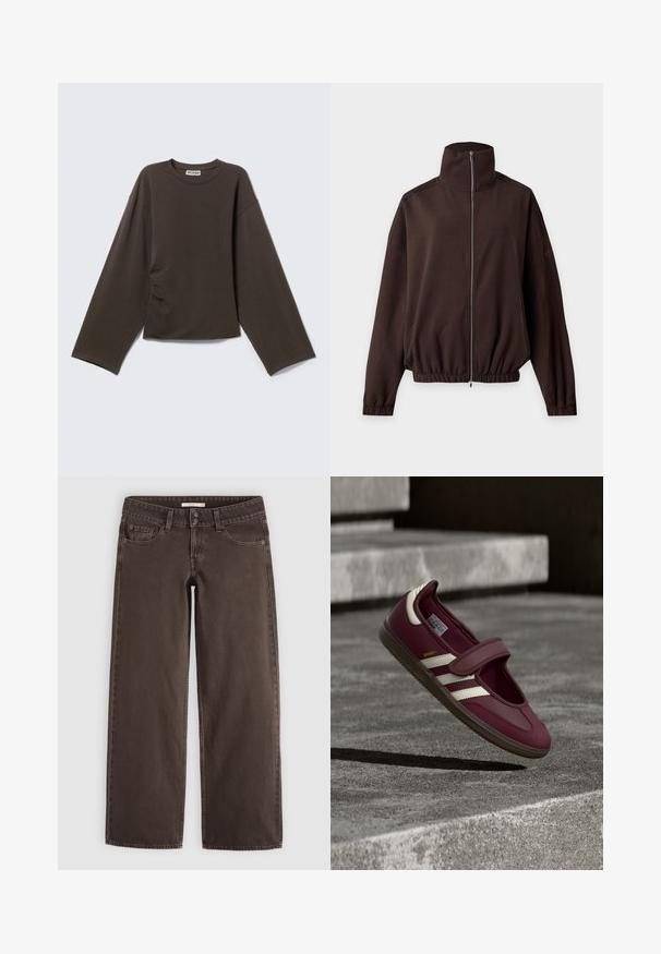 Dark brown long-sleeve jacket with high collar, front zipper, elastic cuffs and hem, displayed on a light background.; Dark brown long-sleeve crew neck shirt with wide sleeves and a small brand label at the neckline on a light background.; Straight-leg brown denim jeans with front pockets, a coin pocket, belt loops, and double button closure at the waist.; Maroon athletic shoe with a strap, white side stripes, textured rubber sole, and a smooth upper material. Adjustable fit with cushioned interior.