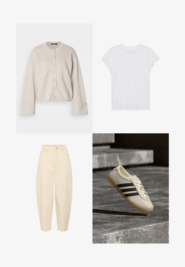 Beige strikket cardigan med rund halsudskæring, frontknapper og brede ærmer med knapdetaljer, der tilbyder en blød og hyggelig tekstur.; Hvid kortærmet t-shirt med rund hals, afslappet pasform, lavet af blødt bomuldsstof. Glat tekstur, ingen mønstre eller logoer.; Beige højtaljede jeans med en løs pasform. Har fem lommer, lynlås foran og knaplukning. Fremstillet af robust bomuldsstof.; Hvid sneaker med sorte striber og gummisål svæver over betontrapper i blødt dagslys.