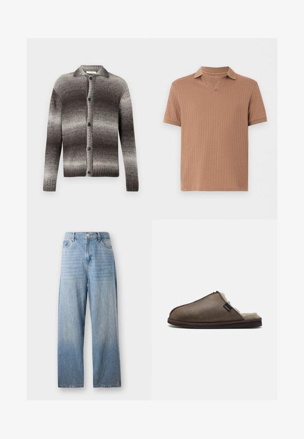 Strikket cardigan i nuancer af grå med et gradientmønster, der har en krave-nakke, knaplukning samt ribkantede ærmer og kant.; Brun kortærmet ribstrikket polo med V-udskæring i kraven, lavet af let strikket stof.; Lyseblå denimjeans med lige pasform, høj talje og en falmet finish. Har forlommer og knaplukning.; Brune lædersandal med et blødt, fluffy indre og en flad sål, med en syet kant og et lille mærke på siden.