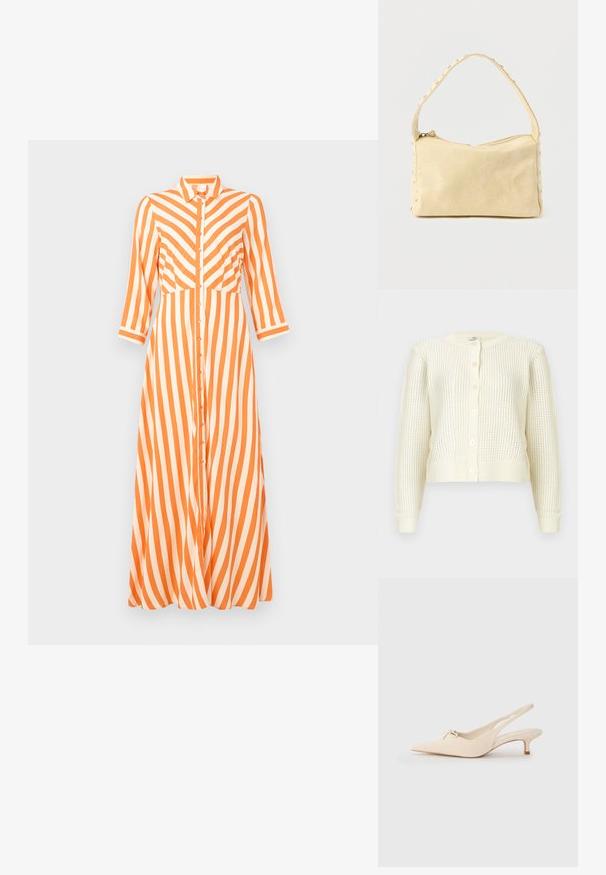 Flødefarvet strikket cardigan med lange ærmer, rund hals, knaplukning samt ribstrikkede manchetter og kant, vist på en hvid baggrund.; Knappet kjole med lodrette orange og hvide striber, lange ærmer, krave og en flot pasform med en lige kant.; Spidsnæbbede slingback sko i off-white læder, med en lille sløjfedetalje og en lav kitten heel. Glat tekstur, minimalistisk design.; Lille beige læderhåndtaske med en enkelt rem og sølvnitter langs kanterne og remmen, sat mod en ensfarvet baggrund.