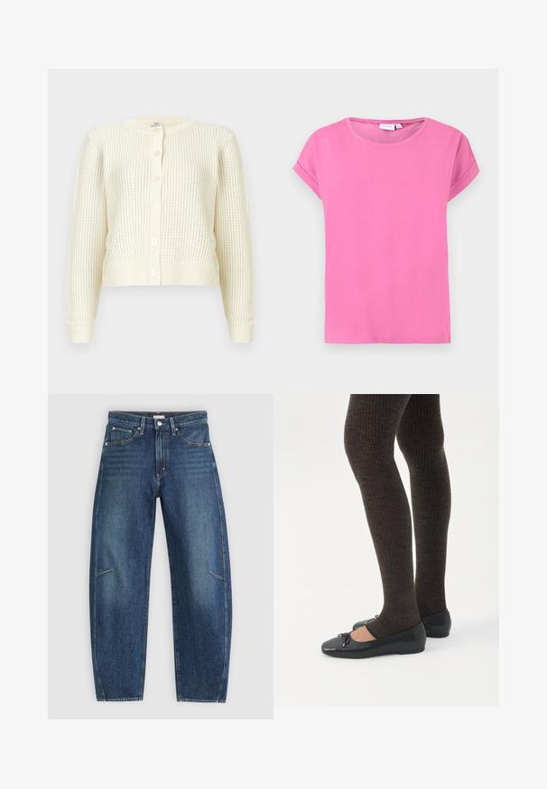 Gebreid vest in roomkleur met lange mouwen, ronde hals, knoopsluiting en geribbelde boorden en zoom, getoond op een witte achtergrond.; Roze t-shirt met korte mouwen en ronde hals, met omgeslagen mouwzomen en een effen, gladde stofstructuur op een witte achtergrond.; Donkerblauwe denim jeans met een recht afgesneden ontwerp, voorzien van voorzakken, contrasterende stiksels en een subtiele vervaagde textuur op de broekspijpen.; Benen met donkere geribbelde leggings gecombineerd met zwarte ballerina's met kleine strikdetails op een witte achtergrond.