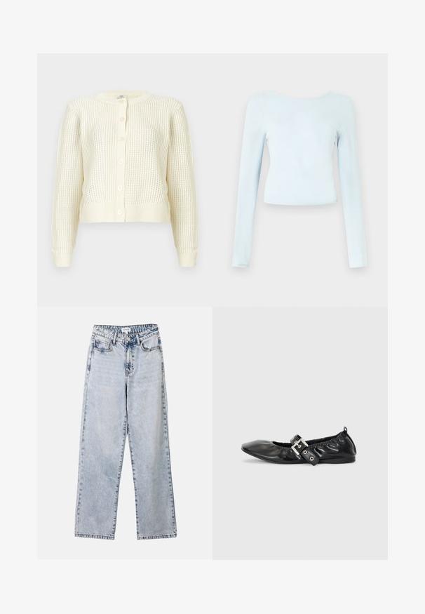 Flødefarvet strikket cardigan med lange ærmer, rund hals, knaplukning samt ribstrikkede manchetter og kant, vist på en hvid baggrund.; Langærmet, lyseblå crop top lavet af blødt stof med rund halsudskæring og tætsiddende design. Glat tekstur uden synlige mønstre.; Lysblå lige ben jeans lavet af denim, med to frontlommer, en knaplukning og kontraststing langs sømmene.; Sorte læder flade sko med spids tå, samling detaljer omkring åbningen, og en sølv spænde accent på den justerbare rem.