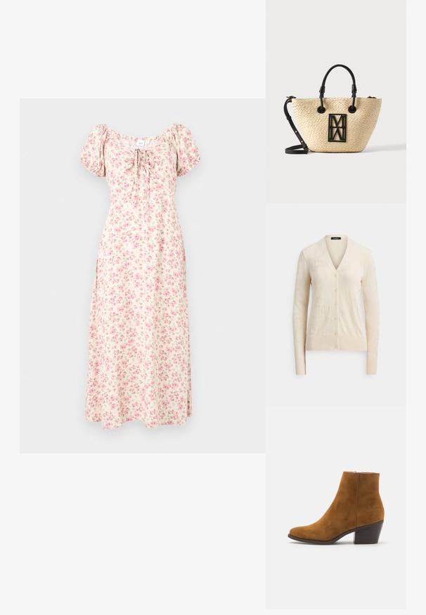 Cremefarvet cardigan med V-hals, knapper foran og subtilt tekstureret mønster over det hele. Fremstillet af blødt materiale med lange ærmer og ribstrikkede manchetter.; Creme midi-kjole med pink blomstermønster, puff ærmer, firkantet udskæring og bindedetalje foran.; Brune ruskind ankelstøvle med spids tå og stablet hæl. Glat tekstur med lynlås i siden til lukning. Klassisk design og form.; Vævet beige tote taske med sorte håndtag og aftagelig skulderrem, med en sort geometrisk logo foran.
