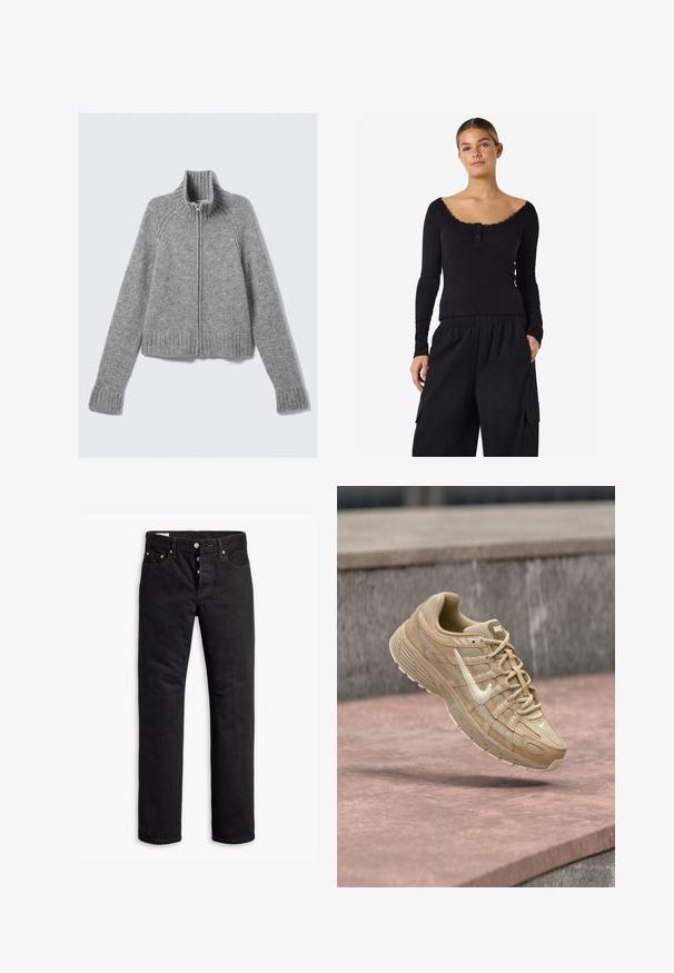 Pull gris zippé avec un col haut, des poignets côtelés et une base côtelée. Fabriqué à partir d'un tissu doux et texturé, il possède des manches raglan et un design court.; Femme portant un haut côtelé noir à manches longues avec bordure en dentelle et boutons, associé à un pantalon cargo noir ample avec poches.; Jean en denim noir à coupe droite, avec un design à cinq poches et une fermeture éclair à boutons. Présente des rivets en cuivre et des accents de broderie.; Baskets Nike beige avec logo swoosh blanc, dessus en mesh et cuir, flottant au-dessus d'une surface en béton rose avec un fond en pierre grise.