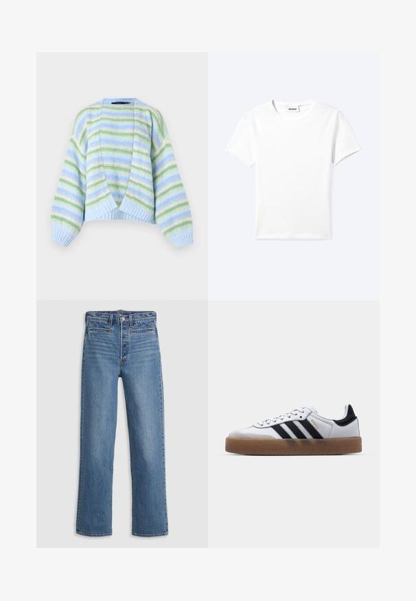 Blød strikket cardigan med lyseblå, grønne og cremefarvede vandrette striber og ballonærmer, åben foran samt ribstrikkede manchetter og kant.; Ensfarvet hvid t-shirt med korte ærmer og rund halsudskæring med en lille "WEEKDAY" label indeni halskanten, vist fladt på en lys baggrund.; Lys blå, lige ben jeans lavet af denim. Funktioner inkluderer en knaplukning, fem lommer og diskret slid. Ingen udsmykninger eller mønstre.; Hvide lædersneakers med sorte striber, gummirubber sål, rund tå, snørelukning og blød grå ruskinds tåhætte.
