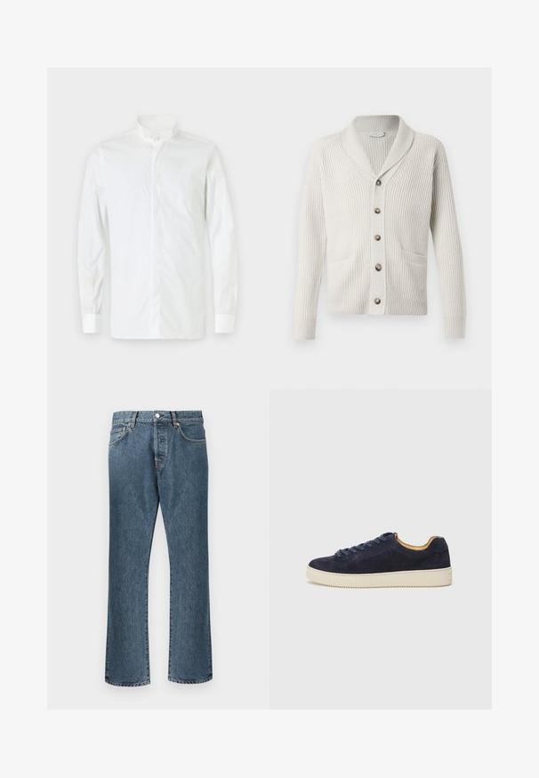Cardigan crème avec une texture côtelée, col châle, poches avant et boutons marron. Design simple avec des manches longues et une coupe droite.; Chemise blanche à manches longues avec col montant, fermeture à boutons et coupe ajustée. Texture lisse, poignets à un bouton et style minimaliste.; Jean en denim bleu avec une coupe droite, dotés d'une fermeture classique à bouton et à glissière, de cinq poches et d’un léger délavage.; Baskets basses en suede bleu marine avec bout arrondi, semelle en caoutchouc blanc cassé et lacets assortis ; dotées d'une doublure intérieure contrastante couleur tan.