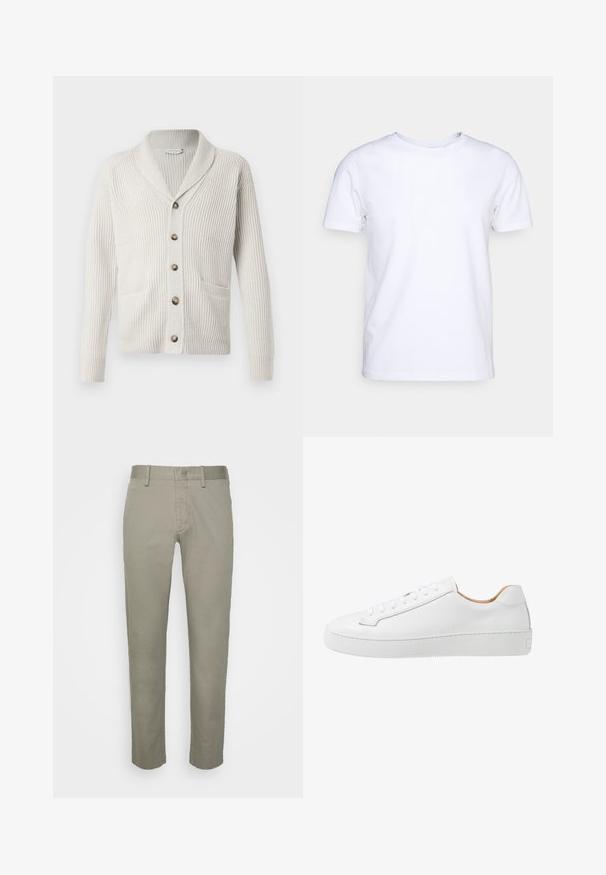 Cárdigan crema con textura acanalada, cuello de chal, bolsillos frontales y botones marrones. Diseño sencillo con mangas largas y corte recto.; Camiseta blanca de manga corta en tejido de algodón con cuello redondo. Diseño simple sin patrones ni acentos. Textura suave.; Pantalones caqui de color gris claro con un diseño de corte ajustado, que presentan un frente plano, bolsillos estándar y una textura de tela suave.; Zapatilla de cuero blanca con un acabado suave, punta redonda, diseño de cordones planos y suela de goma gruesa con un patrón de agarre texturizado.