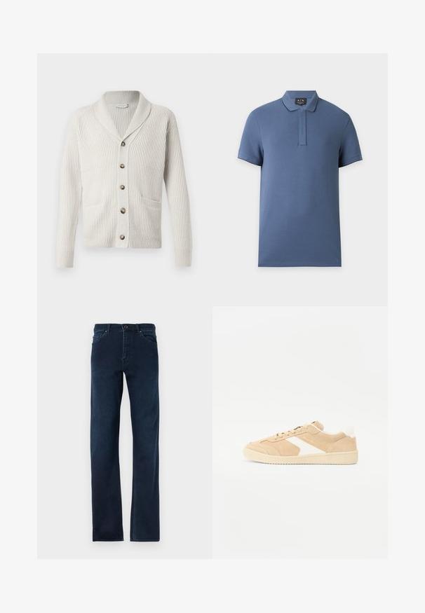 Creme cardigan med ribbet tekstur, sjalskrave, forlommer og brune knapper. Simpelt design med lange ærmer og lige pasform.; Kortærmet blå poloshirt med krave og skjult knapliste, vist på en ensfarvet lys baggrund.; Mørkeblå denim jeans med lige ben, fem lommer, knapåbning og kontrasterende syninger langs sømmene.; Beige ruskind sneakers med hvide detaljer, rund tå og snørebåndslukning. Tekstureret overdel og gummisål med diskret branding.