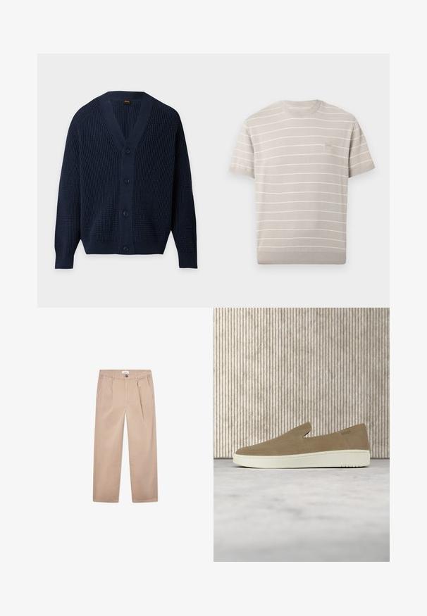 Marineblå strikket cardigan med lange ærmer, V-hals, fire knapper foran og ribstrikkede manchetter og kant.; Lysebeige kortærmet striktrøje med tynde, horisontale hvide striber og en lille kvadratisk logo-lap på venstre bryst.; Kakhi bukser lavet af bomuld med lige ben-design, der har to forlommer, en knaplukning og en klassisk pasform.; Beige slip-on sko med hvid sål, vist i luften over et lyst tæppe med ravfarvet gennemsigtigt møblement i baggrunden.