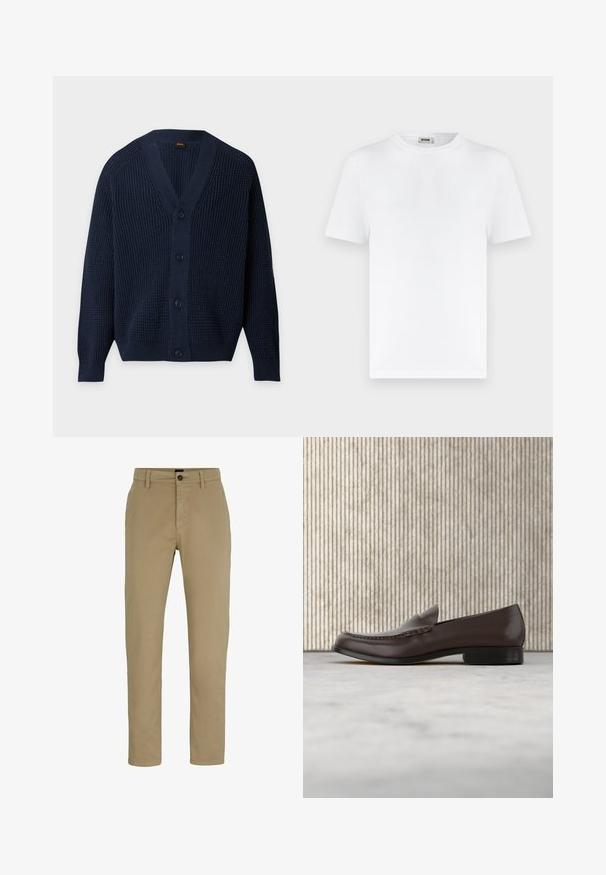 Marineblå strikket cardigan med lange ærmer, V-hals, fire knapper foran og ribstrikkede manchetter og kant.; Hvid T-shirt med korte ærmer og rund hals, ribbet tekstur og en lille halsetiket med teksten "DRYKORN" på en ensfarvet lys baggrund.; Beige bomulds chinos med slim-fit, flad front og knaplukning. Har bæltestropper og sidelommer for funktionalitet.; Brune læderloafers med en glat overflade, rund tå, hævet syning og en lav blokhæl. Elegant, minimalistisk design.