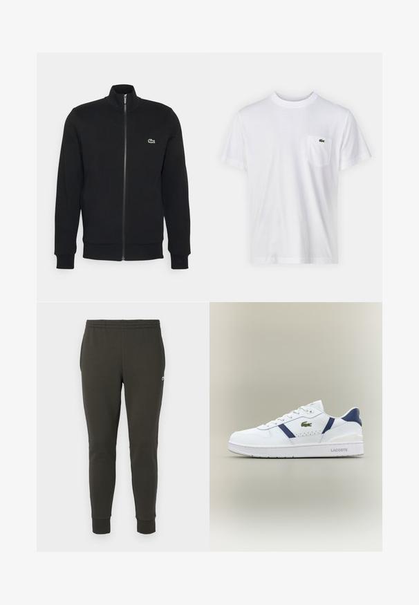 Veste noire à fermeture éclair en tissu doux. Elle présente un col haut, des manches longues et un petit logo vert sur le côté gauche de la poitrine.; T-shirt en coton blanc avec un col rond et des manches courtes. Il présente une poche sur la poitrine gauche et un petit logo Lacoste vert.; Jogging en vert foncé en tissu doux, avec une taille élastique, des poignets côtelés et un petit logo sur le côté.; Baskets Lacoste blanches avec des accents bleu marine, logo crocodile vert, design à lacets et semelle estampillée sur fond neutre.