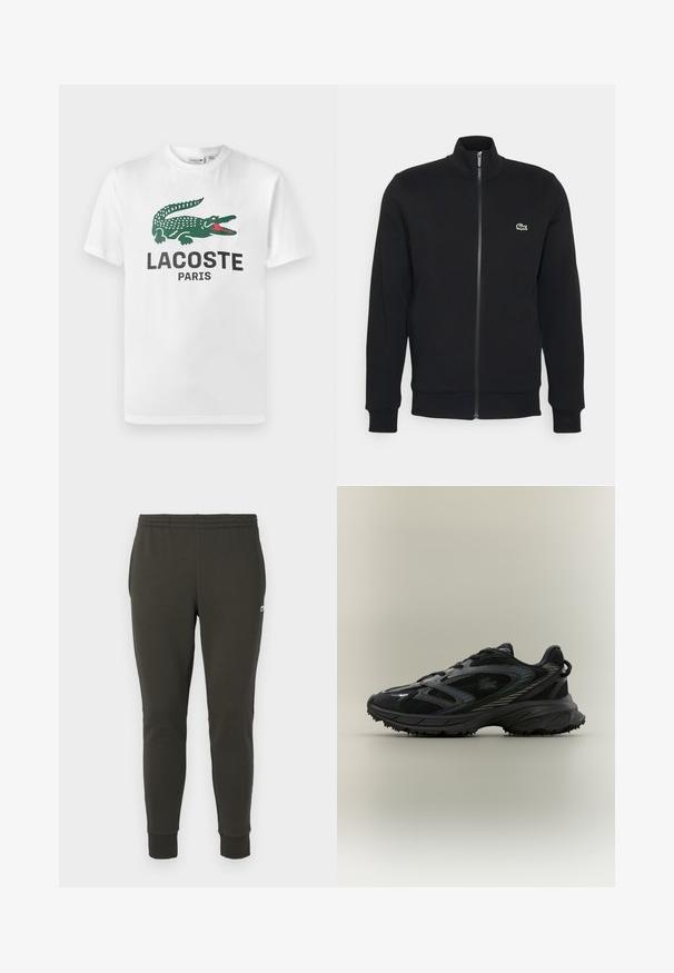 Sort zip-jakke lavet af blødt stof. Har en høj krave, lange ærmer og et lille grønt logo på venstre side af brystet.; Lacoste T-shirts print - white; Mørkegrønne joggers lavet af blødt stof, med elastisk talje, ribbede manchetter og et lille logo på siden.; Sort atletisk sko med meshpaneler, en tekstureret sål, snørebånd og en buet silhuet med sølvfarvede accenter på siderne.