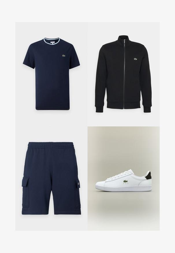 Chaqueta negra con cremallera, fabricada en un material suave. Presenta un cuello alto, mangas largas y un pequeño logo verde en el lado izquierdo del pecho.; Camiseta de algodón azul marino, con un cuello acanalado azul claro. Presenta un pequeño logotipo de cocodrilo verde en el pecho. Diseño de mangas cortas.; Pantalones cortos cargo azul marino hechos de tela suave, con una cintura elástica, dos bolsillos laterales y un pequeño detalle con logo en el bolsillo izquierdo.; Zapatilla blanca de cuero con un acabado suave, que presenta un logo de cocodrilo bordado en verde, suela blanca plana y acento en negro en el talón.