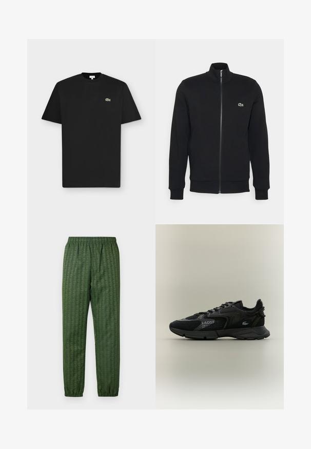 Zwarte ritsjack gemaakt van zachte stof. Heeft een hoge kraag, lange mouwen en een klein groen logo aan de linkerkant van de borst.; Zwarte korte mouw T-shirt met een ronde hals en een klein groen krokodillenlogo op de linkerborst op een lichtgrijze achtergrond.; Groene sportbroeken met een elastische tailleband, taps toelopende benen en een geometrisch patroon. Gemaakt van lichtgewicht materiaal.; Zwarte Lacoste sneaker met mesh en suède panelen, zwarte zool, veters, logo en coördinaten tekst op de zijkant op een effen beige achtergrond.