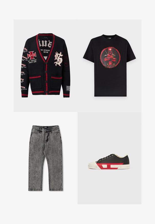 Sort strikket cardigan med røde kanter, knaplukning, trykte bynavne på venstre ærme, broderet kors og bogstaver på brystet samt "199" på højre ærme.; Sort bomuld T-shirt med et grafisk tryk af en maskerede karakter i rød og sort, centreret inden for en rød cirkulær accent.; Grå denim jeans med en slidset finish, lige ben og fem-lomme design. Har et label med "FORMER" på taljebåndet.; Sort lærredssneaker med røde accenter, gummiklædt tåkap og hvid sål. Har sorte snørebånd og et tekstureret mønster på siden.