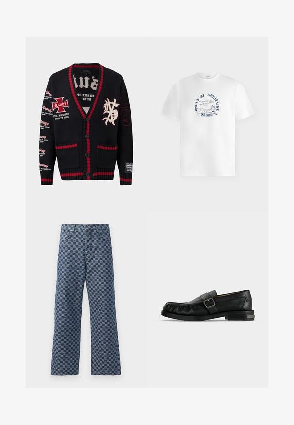 Sort strikket cardigan med røde kanter, knaplukning, trykte bynavne på venstre ærme, broderet kors og bogstaver på brystet samt "199" på højre ærme.; Hvid T-shirt med blå tekst "Souls of Aquitaine Silencio" og en stregtegning af et landskab med klipper, hav, sol og skyer.; Blå denim jeans med et gentagende geometrisk mønster, fem lommer, en knaplukning og en flagrende benstil.; Sort læderloafer med spænde, syningsdetaljer omkring tåen og en lav hæl med metalaccent.