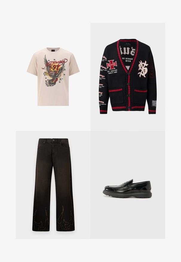 Sort strikket cardigan med røde kanter, knaplukning, trykte bynavne på venstre ærme, broderet kors og bogstaver på brystet samt "199" på højre ærme.; Beige bomulds t-shirt med et stort ørnergrafik med røde og gule accenter, "Ed Hardy" tekst og stjerner i et struktureret printdesign.; Sorte denim jeans med vide ben og en tekstureret, slidt finish. Bemærkelsesværdige broderede detaljer, der ligner gevir ved manchetterne. Knappelukning og lynlås.; Sort læderloafer med en blank finish, rund tå, subtile syninger og en tyk gummisål for holdbarhed.