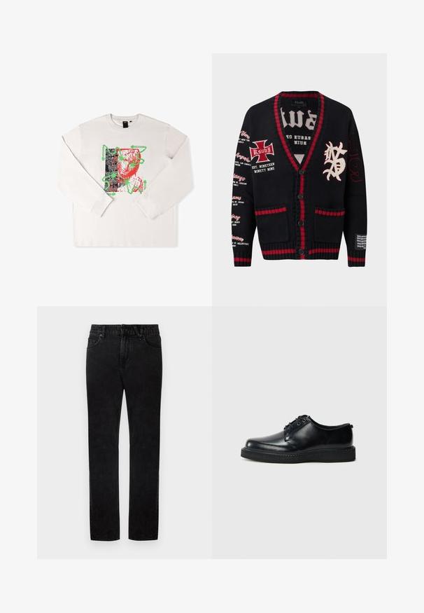 Cardigan en maille noire avec bordure rouge, fermeture à boutons, noms de villes imprimés sur la manche gauche, croix brodée et inscriptions sur la poitrine, et "199" sur la manche droite.; T-shirt à manches longues blanc avec un imprimé graphique aux accents rouges et verts, un design abstrait et un fond noir motif.; Jean en denim noir avec une coupe droite, doté de passants pour ceinture, de poches avant et d'une fermeture par bouton. La texture est lisse avec une légère élasticité.; Chaussures à lacets en cuir noir avec un bout arrondi, une finition lisse et une semelle en caoutchouc noir texturée. Design minimaliste sans motifs visibles.