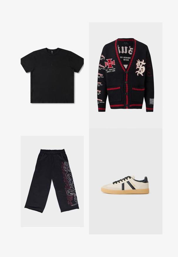 Sort strikket cardigan med røde kanter, knaplukning, trykte bynavne på venstre ærme, broderet kors og bogstaver på brystet samt "199" på højre ærme.; Sort kortærmet t-shirt lavet af bomuld med rund hals, med et diskret logo i midten og en afslappet pasform.; Sorte bukser med vide ben lavet af blødt stof. Har et hvidt og rødt tribal-design ned langs venstre side, med elastisk talje og lommer.; Casual sneakers i creme med sorte striber, med en tekstureret overdel og sål i gummigummi. Snørebåndene er sorte. Diskret logo på siden.