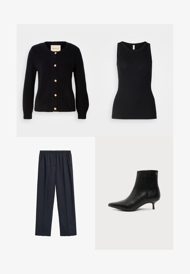 Cardigan en tricot bleu marine avec un col rond, doté de boutons dorés avec des accents en perle sur le devant et de longues manches.; Débardeur noir sans manches en tissu côtelé, avec un col rond et une coupe ajustée, à la texture douce et sans motifs.; Pantalons larges navy avec une taille élastique, deux poches latérales, texture de tissu douce et design fluide.; Bottine en cuir noir avec bout pointu et petit talon kitten sur fond clair, vue côté extérieur.