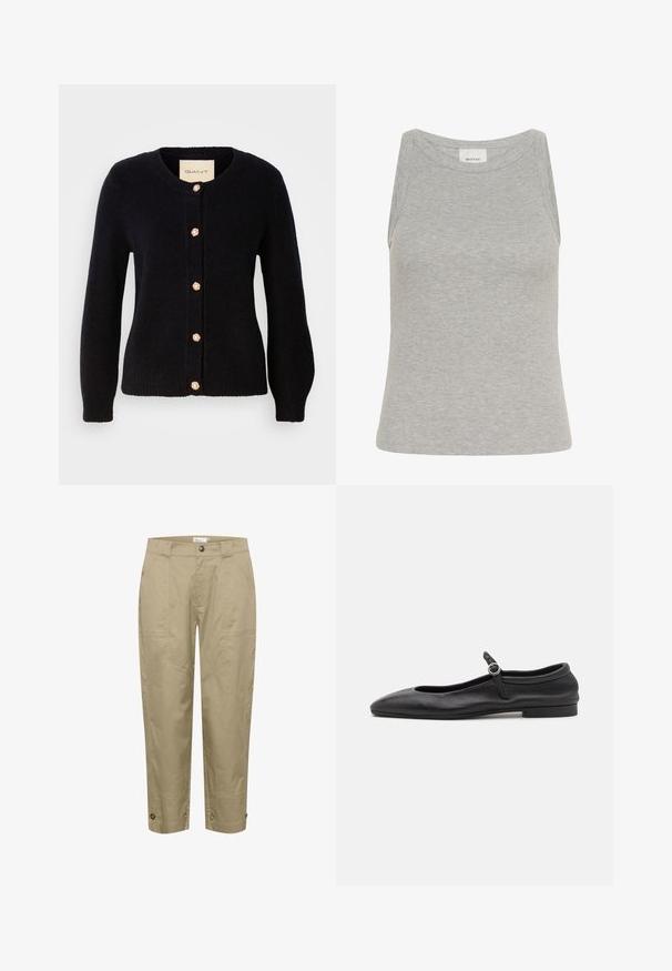 Marineblå strikket cardigan med rund halsudskæring, prydet med gyldne knapper med perleaccenter langs fronten og lange ærmer.; Grå ribbet tanktop med rund halsudskæring og ærmeløs design. Fremstillet af blødt stof, har en tætsiddende silhuet og minimale syninger.; Beige, lette bukser med lige pasform, der har sidelommer og knapdetaljer i kanten for justerbar pasform og stil.; Sorte læder balletflade med en rund tå, smal vamp og en lille ankelrem med en cirkulær spænde. Lav, flad sål.
